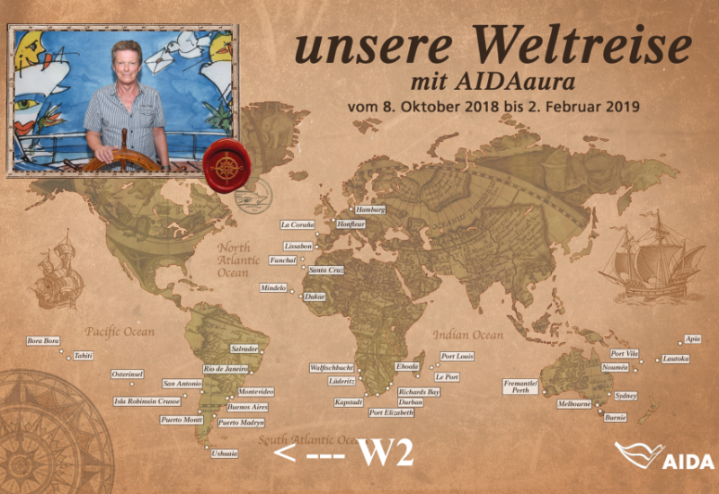 Unsere Weltreise mit AIDAaura vom 08.10.2018 bis 02.02.2019 von Hamburg links rund um die Welt bis Hamburg
