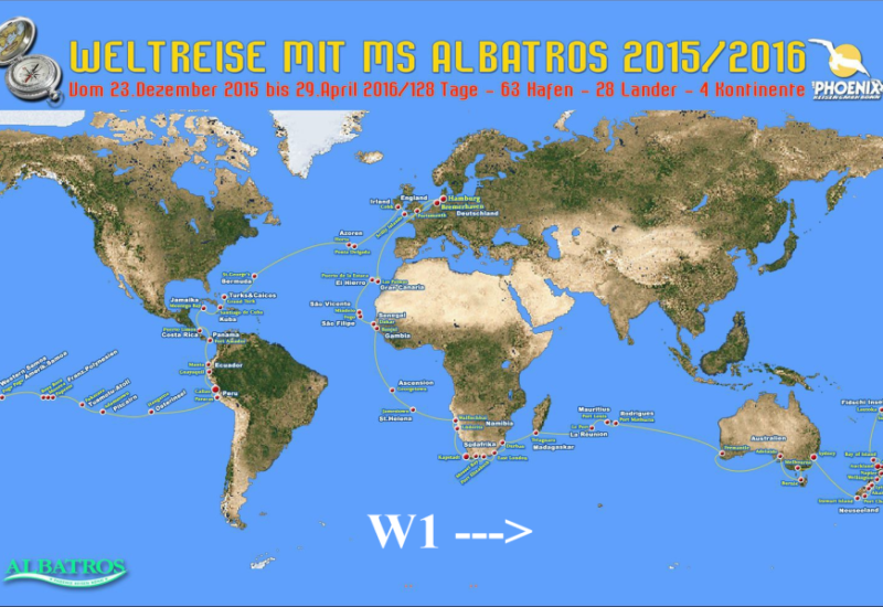 W1: Weltreise mit MS Albatros 2015 / 2016  vom 23.12.2015 bis 29.04.2016/128 Tage - 63 Häfen - 28 Länder - 4 Kontinente